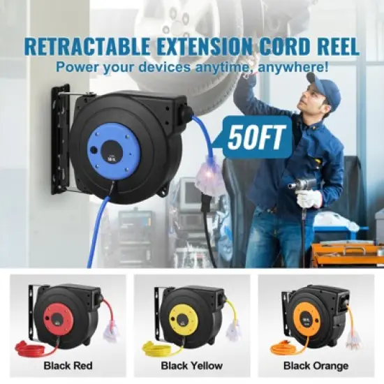 VEVOR Retractable Extension Cord Reel, 50 FT, Heavy Duty 14AWG/3C SJTOW Retractable Power Cord with Lighted Triple Tap Outlet, Black image {2}