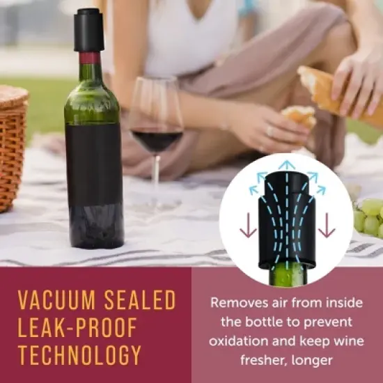 Maplefield Vacuum Wine Stoppers - Leak-Proof Vacuum Pump Wine Preserver - Resealable Wine Vacuum Stopper - Plastic - 4 Pack [Black] image {2}