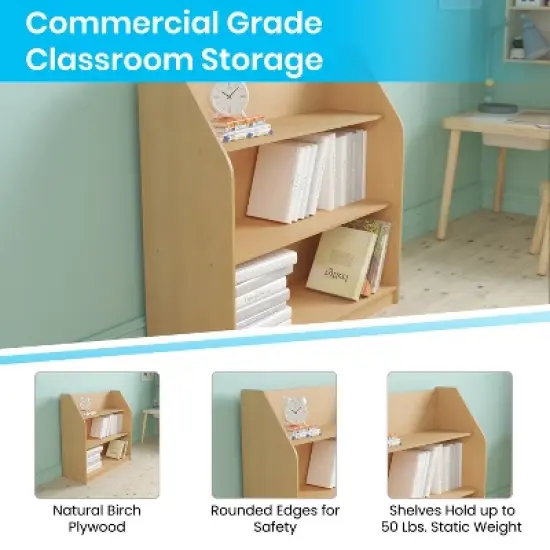 Flash Furniture Natural Wooden 3 Shelf Book Display with Safe, Kid Friendly Curved Edges - Commercial Grade for Daycare, Classroom or Playroom Storage image {2}