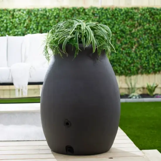 Algreen Products Castilla 50 Gallon BPA Free Roto Molded Plastic Rain Water Collection Barrel with Shut Off Nozzle and Screen Guard, Brownstone image {2}