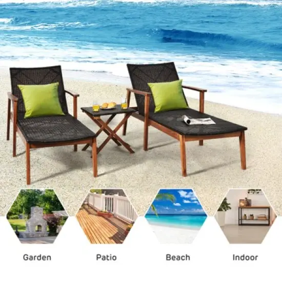 Tangkula 3PCS Chaise Lounge Set 4-Level Folding Chaise Lounge Adjustable Outdoor Beach with Wicker Side Table image {8}