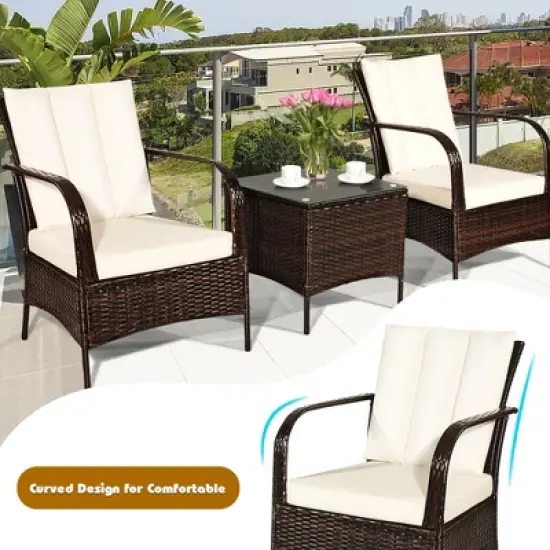 Tangkula 3PCS Patio Outdoor Rattan Conversation Set Furniture Set w/ Table Cushions image {5}