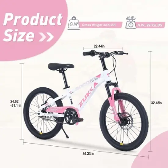 NAYSAYE Mountain Bike 20 Inch Kids MTB with Steel Frame and Suspension for Boys and Girls Age 7 to 10 Years, White and Pink, 54.33"*22.44"*32.48" image {4}