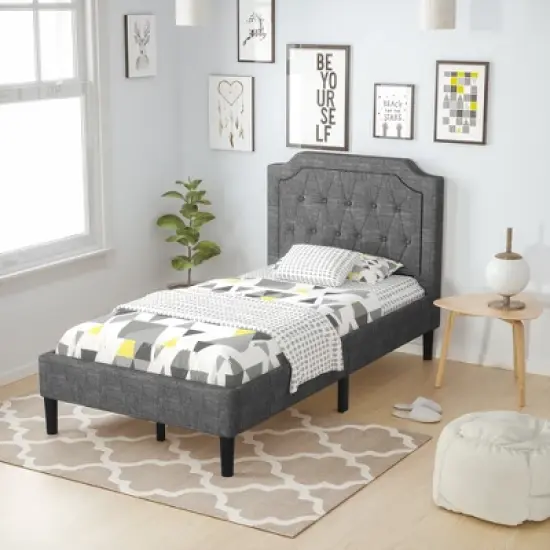 Costway Twin Upholstered Platform Bed Frame Linen Headboard Mattress Foundation, Grey image {1}