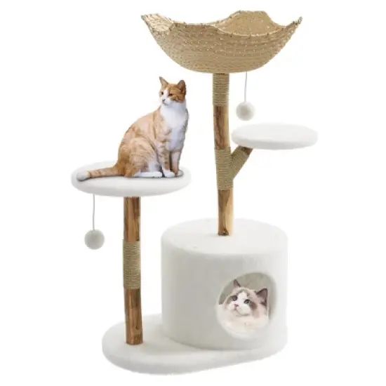 CuisinSmart 43" Modern Natural Wood Cat Tree for Cats Aesthetic Cat Tower with Large Basket, Scratching Posts and Real Branch Design image {9}