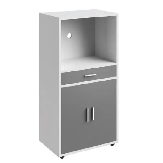 Microwave Stand with Drawer &ndash; Rolling Storage Cabinet with Doors and Locking Wheels &ndash; Freestanding Kitchen Storage by Lavish Home (White and Gray) image {3}