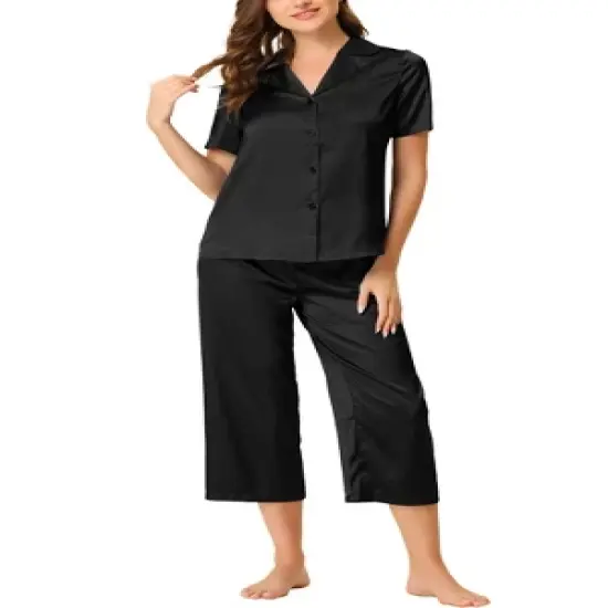 cheibear Womens Pajama Sleepwear Button Down with Capri Pants Satin Lounge Pjs Set image {7}