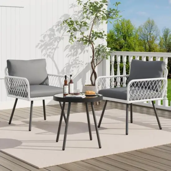 TROPOW 3-Piece Grey Outdoor Patio Furniture Set &uml;C L-Shaped Rattan Sofa with Coffee Table & Cushions for Garden/Balcony (Boho Style) image {7}