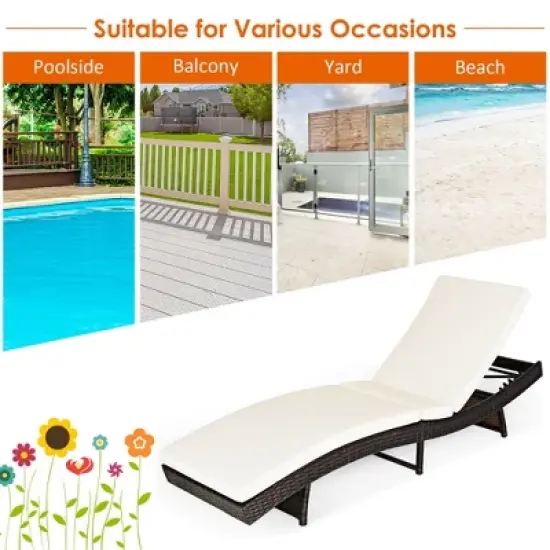 Costway 2PCS  Patio Rattan Folding Lounge Chair Chaise Adjustable White Cushion image {5}