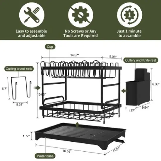 Fortune Candy 11.41'' Tall 2 Tier Dish Drying Rack, Large apacity, Black image {3}