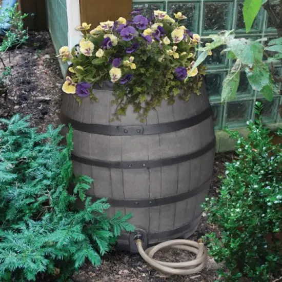 Emsco 50gal Whiskey Rain Barrel with Black Bands Gray image {1}