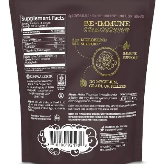 Sunwarrior Organic Turkey Tail Mushroom Powder, Be Well Turkey Mushroom Immune Support, Microbiome Gut Health Support, 50 Servings 100g Pouch image {2}