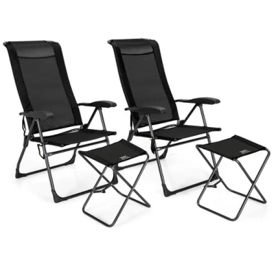 Costway 4PCS Patio Folding Dining Chair Ottoman Set Adjustable Back Camp Gray\Black image {10}