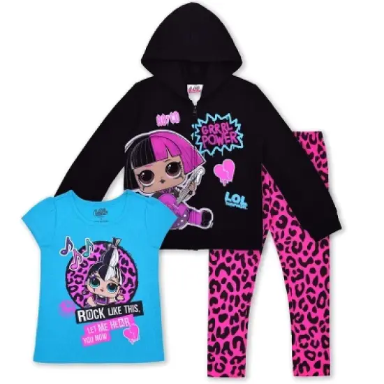 LOL Surprise Girl's LOL Dolls Coordinates, Short Sleeve Tee, Zip Up Hooded Jacket, and Leopard Printed Legging Pants Set for kids image {7}