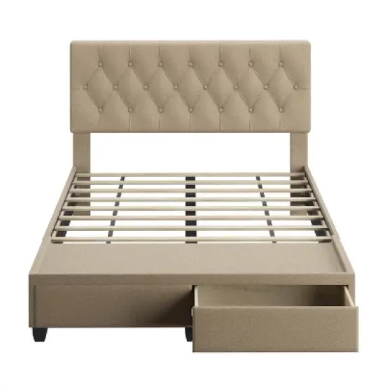 Full Henley Linen Tufted Upholstered Platform Bed with Storage Drawers Ivory - Eco Dream image {1}