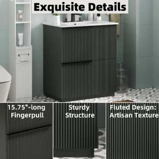 Christopher Knight Home Quillen Modern 30" Bathroom Vanity with Ceramic Sink and Drawers image {6}