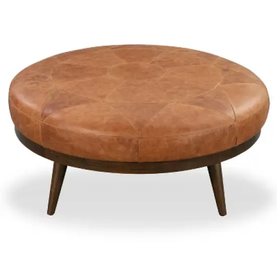 Poly & Bark Gio Italian Leather Ottoman Cognac Tan: Upholstered Padded Seat, Wood Frame, Oval Shape, 17" Height image {5}