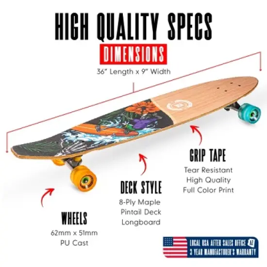 36" Pintail Longboard for Kids & Teens &ndash; Maple Deck, PU Wheels, ABEC-9 Bearings &ndash; Madd Gear image {1}