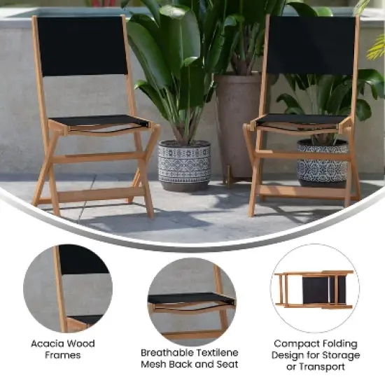 Merrick Lane Set of 2 Indoor/Outdoor Acacia Wood Folding Patio Bistro Chairs with Black Textilene Mesh Back and Seat, Natural image {5}