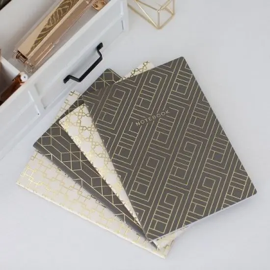 BLU MONACO Trendy Decorative Lined Geometric Notebook Set of 4 (6 x 8.5) - Dark Grey & Cream with Gold Foil Journals for Women image {3}