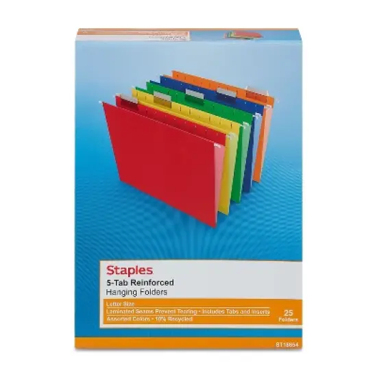Staples Reinforced Hanging File Folders 5-Tab Letter Size Asst. Colors 25/BX 813110 image {4}