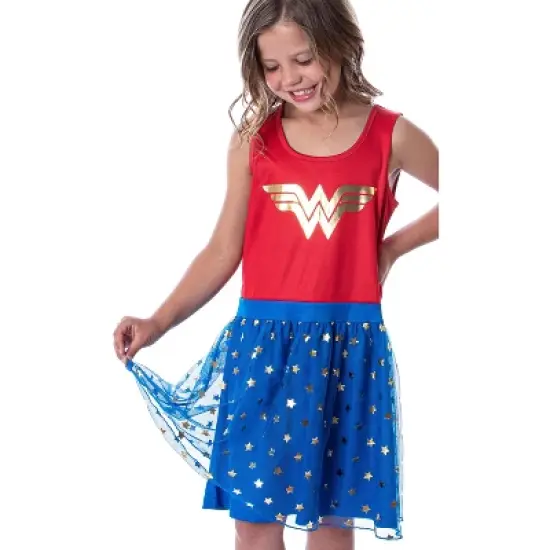 DC Comics Girl's Wonder Woman Logo and Stars Tank Nightgown Costume Pajama Red/Blue image {2}