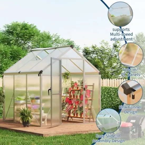 6x6FT Walk in Polycarbonate Greenhouses with Enhanced Aluminum Frame and Roof Vent for Outdoors and Seasons Garden Planting Silver image {2}