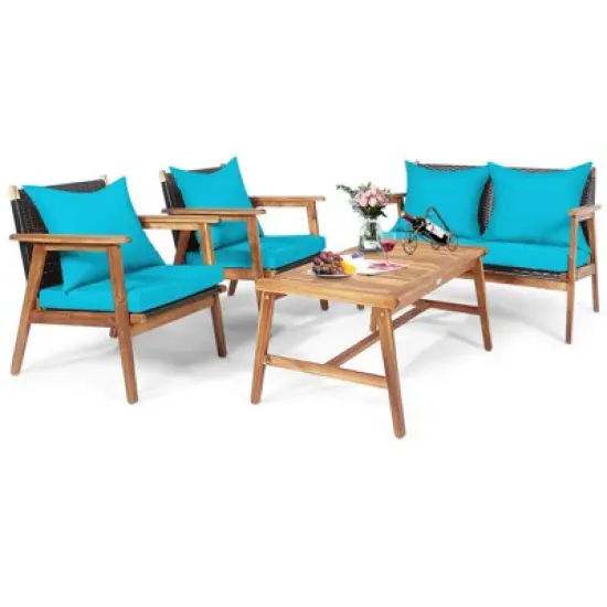 Tangkula 4PCS Patio Rattan Furniture Set Wood Frame Cushioned Sofa with Coffee Table Sectional Conversation Sofa Set for Garden image {8}