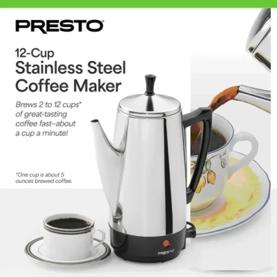 Presto Stainless Steel Coffee Maker, 12 Cup Robust Percolator Coffee Machine for Kitchens with Filter Basket and Signal Light, Silver image {1}