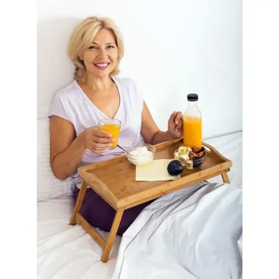 Homeitusa Bamboo Bed Trays: Large Bed Table with Folding Legs, Serving Tray with Handles, Wooden Breakfast Tray with Legs and Handles image {3}
