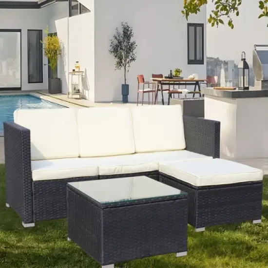 FIONECA 5-Piece Outdoor Patio Furniture Set, PE Rattan Wicker Sofa Set with Beige Cushions & Coffee Table for Garden/Backyard image {2}