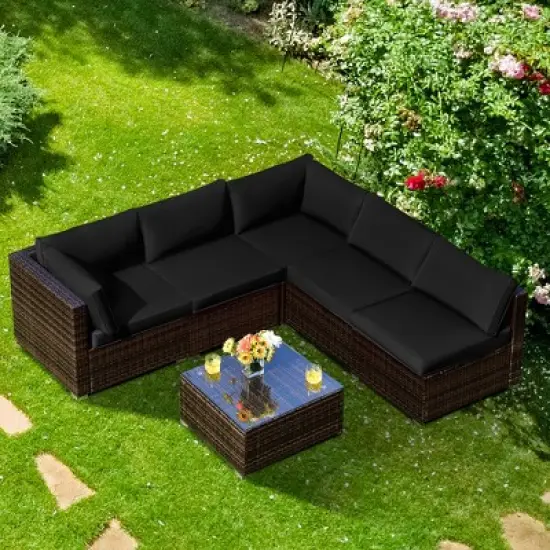 Costway 6PCS Patio Rattan Furniture Set Cushioned Sofa Coffee Table Garden image {12}
