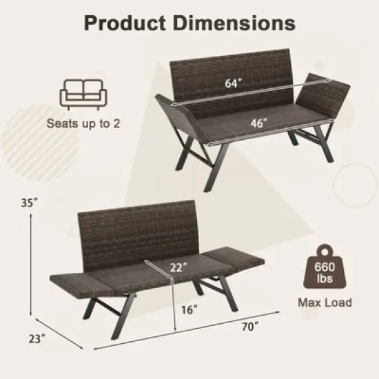 Costway Patio Convertible Sofa for 2 with Adjustable Armrests Metal Frame Wicker Couch image {2}