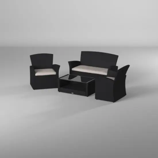 Barton 4-Pieces Outdoor Patio Set Rattan Conversation Sofa Sectional Set with Table, Black/Beige image {2}