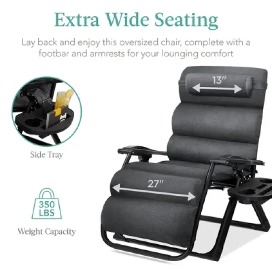Best Choice Products Oversized Zero Gravity Chair, Folding Recliner w/ Removable Cushion, Side Tray image {3}