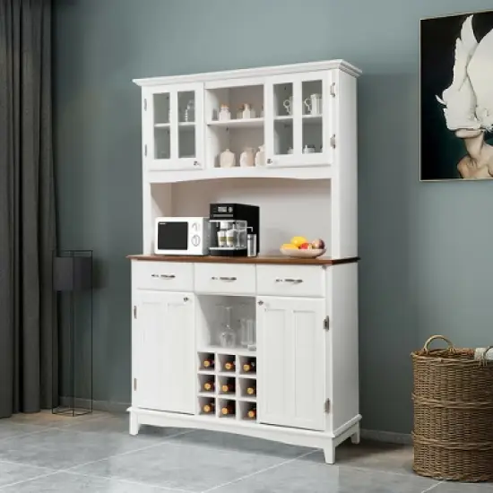 Costway Buffet And Hutch Kitchen Storage Cabinet Cupboard w/ Wine Rack & Drawers White image {3}