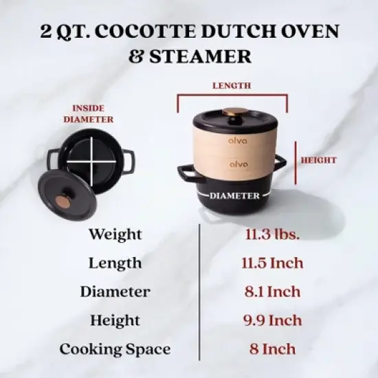 Alva Nori Enameled Cast Iron Dutch Oven Cocottes w/ Lid & Steamer Basket 80 Oz. image {5}