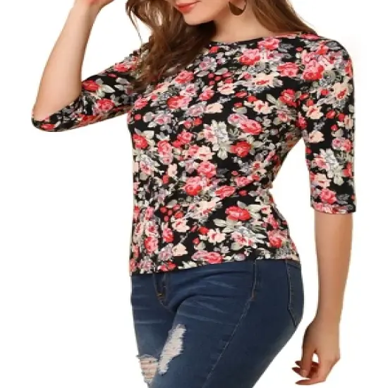 Allegra K Women's Elbow Sleeves Round Neck Slim Fit Casual Printed T-Shirt image {13}