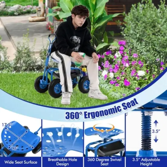 Costway Garden Cart Patio Wagon Roll Work Seat with Tray Basket Extendable Handle Blue/Red/Green image {4}