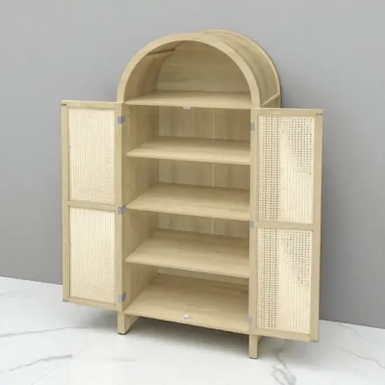 70" Arched Kitchen Pantry Cabinet with Rattan Doors and Adjustable Shelves, Freestanding Storage Display Cabinet for Kitchen, Dining Room image {7}