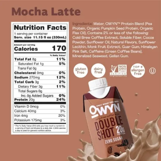 OWYN Double Shot Coffee Protein Shake with Caffeine - Mocha Latte - 44.6 fl oz/4pk image {5}