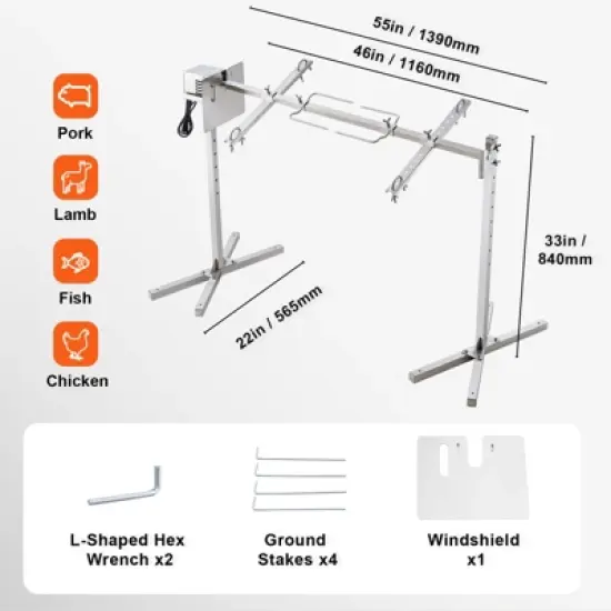 VEVOR Electric BBQ Rotisserie Grill Kit, 46 Inch 90 lbs Capacity, Automatic 42W Motor Height Adjustable Universal Roaster Stand, Silver image {7}