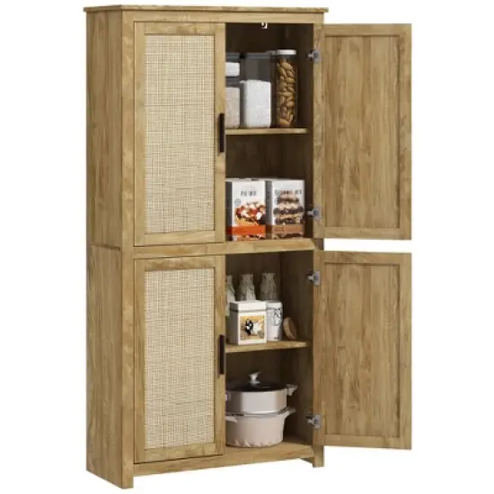 HOMCOM 64" Kitchen Pantry Storage Cabinet, Freestanding Kitchen Cabinet with 4 Rattan Doors, 4 Tier Shelves and Adjustable Shelf, Natural image {6}