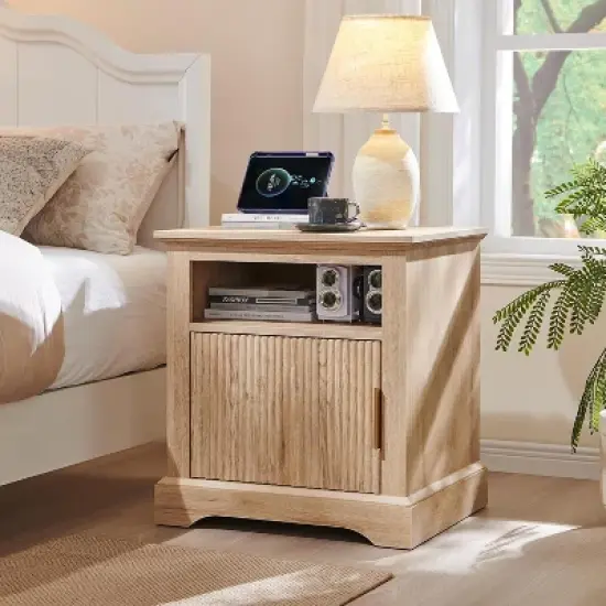 Nightstand with Charging Station, 22" Large Modern Side Table, Wood End Table w/Open Shelf & Spacious Tabletop image {6}