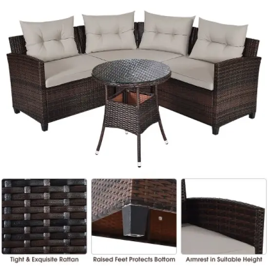 Costway 4PCS Outdoor Patio Rattan Furniture Set Cushioned Sofa Table image {5}