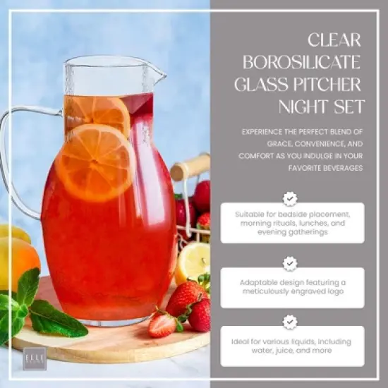 Elle Decor Bedside Pitcher Set, 44-Ounce Carafe with Cup Tumbler Doubles as A Lid, Made of Borosilicate Glass, Clear image {2}