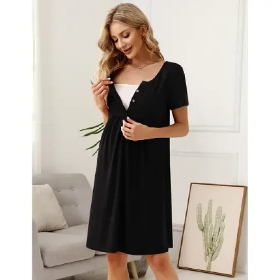 Coolmee Womens Maternity Dress Short Sleeve Midi Summer Dresses Nursing Casual Solid Color Button Down Breastfeeding Dress Clothes image {3}