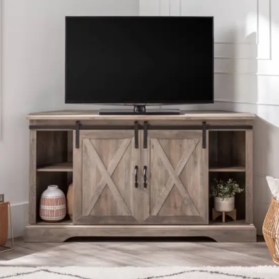 Robinson Rustic Transitional Sliding Barn Door Corner TV Stand for TVs up to 58" - Saracina Home image {3}