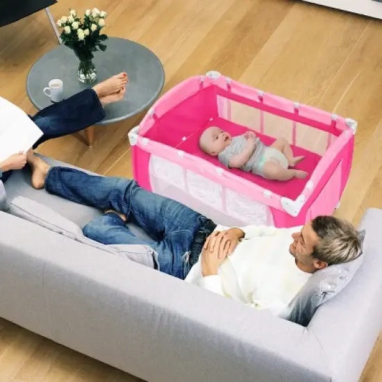 Infans 4-in-1 Portable Baby Playard w/Changing Table, Diaper Storage Bag, Music Box, Wheels with Brake, Foldable Newborn Play Yard w/Carry Bag, Pink image {2}