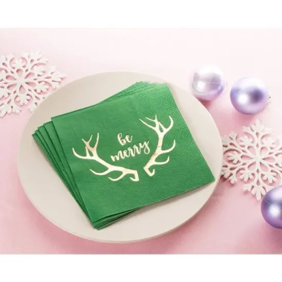 Juvale 50-Pack Green Be Merry in Gold Foil Disposable Paper Cocktail Napkins for Christmas Party Supplies image {2}
